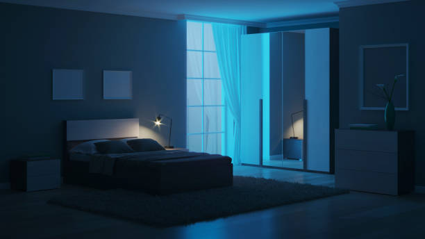 istock Modern interior of a bedroom with light green walls. Night. Evening lighting. 3D rendering. 1213633487