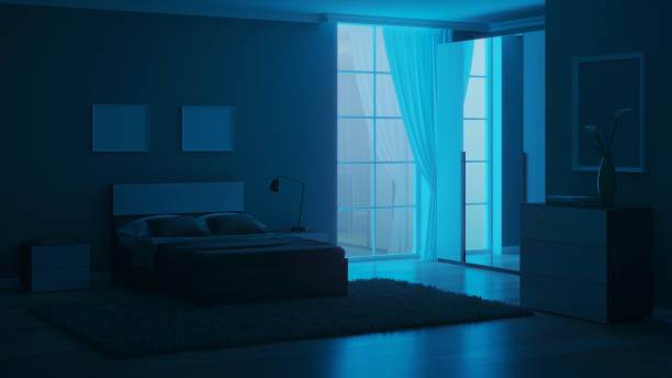 istock Modern interior of a bedroom with light green walls. Night. Evening lighting. 3D rendering. 1213633493