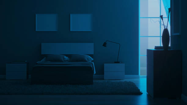 istock Modern interior of a bedroom with light green walls. Night. Evening lighting. 3D rendering. 1213633499