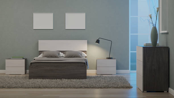 istock Modern interior of a bedroom with light green walls. Night. Evening lighting. 3D rendering. 1213633505