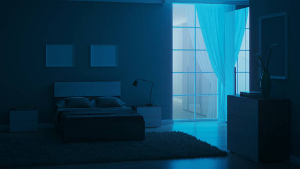 istock Modern interior of a bedroom with light green walls. Night. Evening lighting. 3D rendering. 1213633509