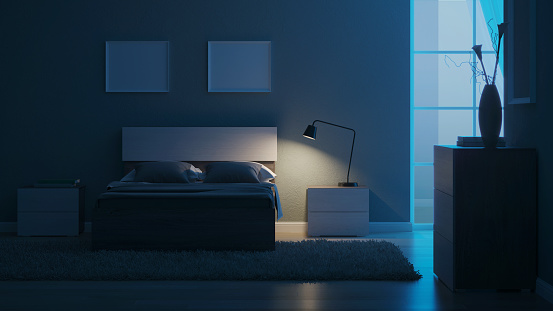 Modern interior of a bedroom with light green walls. Night. Evening lighting. 3D rendering.
