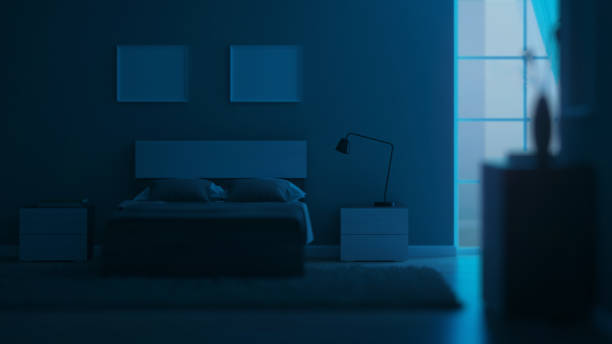 istock Modern interior of a bedroom with light green walls. Night. Evening lighting. 3D rendering. 1213633516
