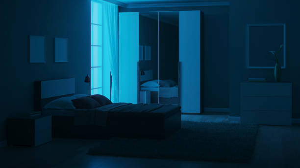 istock Modern interior of a bedroom with light green walls. Night. Evening lighting. 3D rendering. 1213633528