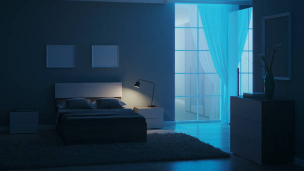 istock Modern interior of a bedroom with light green walls. Night. Evening lighting. 3D rendering. 1213633529