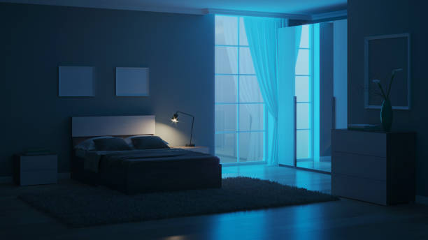 istock Modern interior of a bedroom with light green walls. Night. Evening lighting. 3D rendering. 1213633533