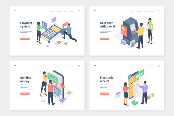 Cash transactions, bank services isometric landing page templates set Cash transactions, bank services isometric landing page templates set. Payment system, ATM cash withdrawal, sending money, electronic receipt. Internet banking, e pay homepage cartoon layout atm illustrations stock illustrations