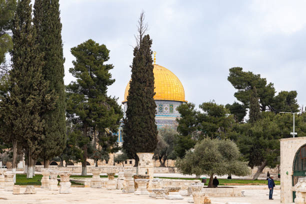 vista da cúpula da rocha da praça em frente ao museu islâmico no monte do templo na cidade velha de jerusalém em israel - jerusalem old town dome of the rock city - fotografias e filmes do acervo