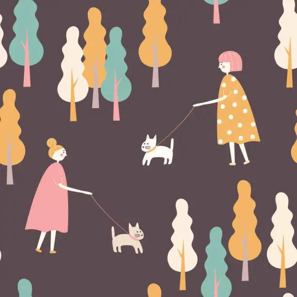 Vector illustration of Seamless pattern of young girl walking with dog