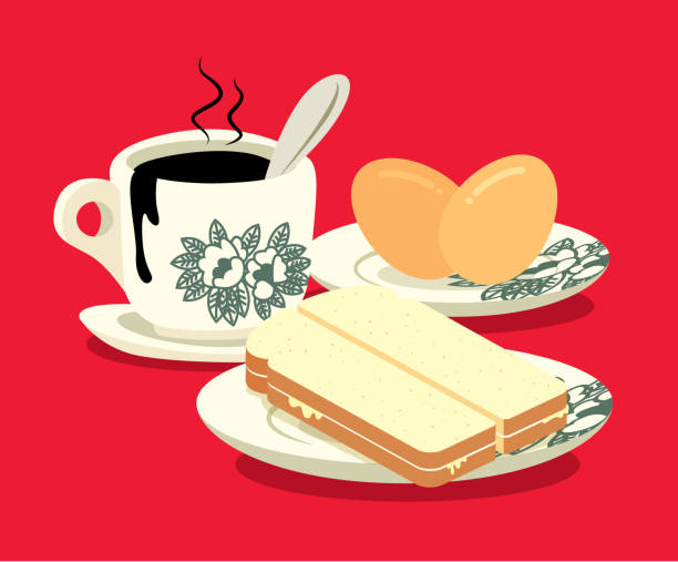 illustrations, cliparts, dessins animés et icônes de ensemble de petit déjeuner. café oriental traditionnel, œufs mi-bouillis et pain grillé au beurre de kaya sur fond de couleur rouge. tasse de café de style vintage nanyang et assiette. traduction: coco jam- art plat - coffee hot drink cup teaspoon