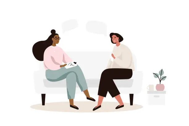 Vector illustration of Female patient with psychologist or psychotherapist sitting on sofa. Psychotherapy session. Mental health, depression.
