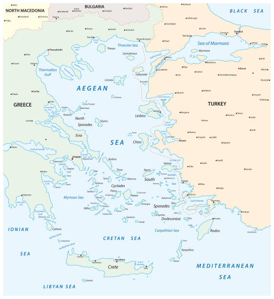 ilustrações de stock, clip art, desenhos animados e ícones de map of the aegean sea, part of the mediterranean between greece and turkey - greece europe sporades islands mediterranean countries