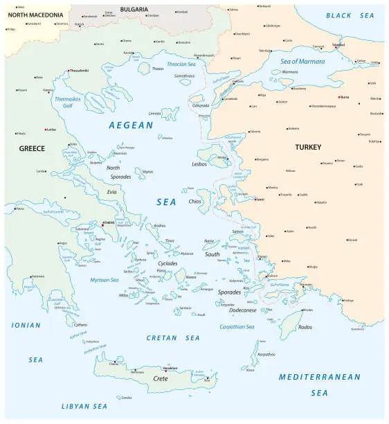 Vector illustration of Map of the Aegean Sea, part of the Mediterranean between Greece and Turkey
