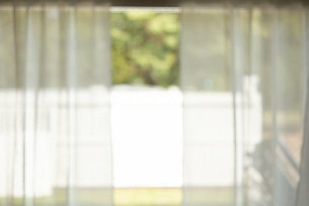istock blur curtain with window green garden from background. 1213639085