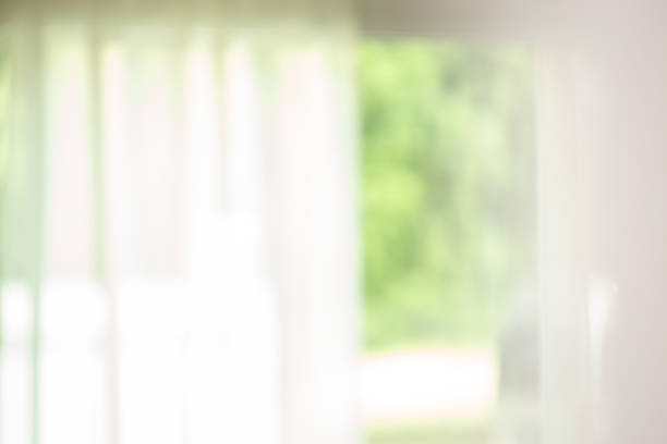 istock blur curtain with window green garden from background. 1213639148