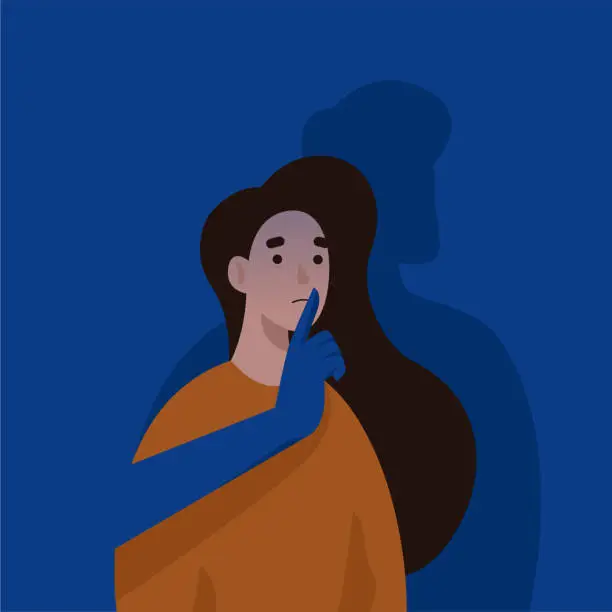 Vector illustration of Hand of man covering woman's mouth. Domestic violence and abusing.