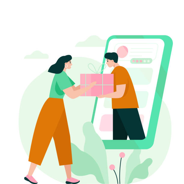 Woman receiving a gift box from smartphone. Online shopping concept illustration. e commerce illustrations stock illustrations