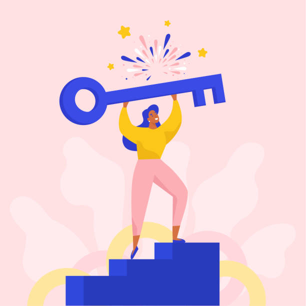 Successful woman holding a big key to open new solutions. Success concept flat vector illustration. goals stock illustrations