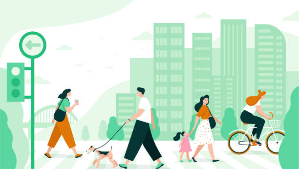 menschen überqueren die straße in der stadt. - city stock-grafiken, -clipart, -cartoons und -symbole