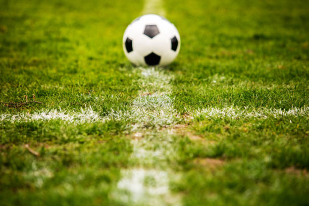 istock Classic soccer ball, typical black and white pattern, placed on the white marking line of the stadium turf. Traditional football ball on the green grass lawn with copy space. 1213640770