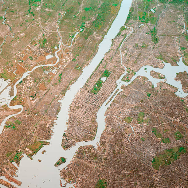manhattan new york 3d render map color top view apr 2019 - east river immagine foto e immagini stock