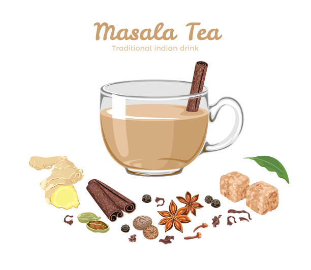 masala tee in glas tasse isoliert auf weiß. gewürze für indisches getränk. vektor cartoon flache illustration von zimt-stick, anis sterne, nelken, erbsen, lorbeerblatt, ingwer, kardamom, muskatnuss, schwarzer tee. - clove spice isolated white stock-grafiken, -clipart, -cartoons und -symbole