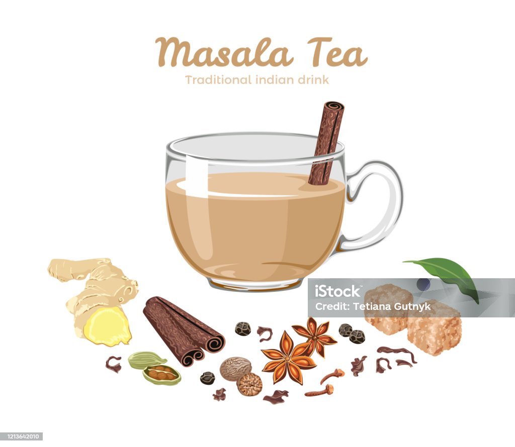 Masala Tea In Glass Cup Isolated On White Spices For Indian Drink Vector  Cartoon Flat Illustration Of Cinnamon Stick Anise Stars Cloves Peas Bay  Leaf Ginger Cardamom Nutmeg Black Tea Stock Illustration -