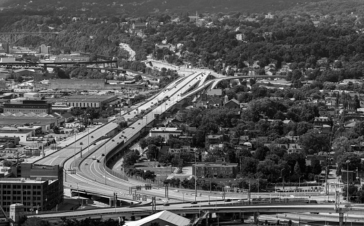 Two freeways merging in the Austin, Texas metropolitan region located about 20 miles north of downtown, shot from an altitude of about 600 feet.