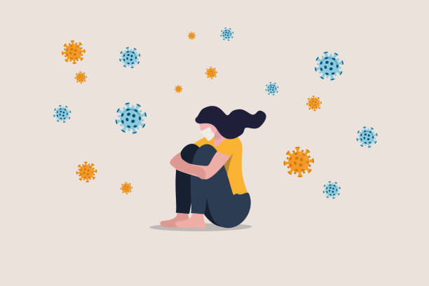 einsamkeit und depression von sozialer entfernung, isoliert bleiben zu hause allein in covid-19 coronavirus-krise, angst vor virusinfektion, traurige unglücklich depressive mädchen sitzen allein mit virus-erreger - abstand halten infektionsvermeidung stock-grafiken, -clipart, -cartoons und -symbole