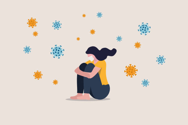 yalnızlık ve depresyon sosyal uzaklaşma, izole covid-19 coronavirus krizinde evde yalnız kalmak, virüs enfeksiyonu anksiyete, üzgün mutsuz depresif kız virüs patojenleri ile yalnız oturup - covid stock illustrations