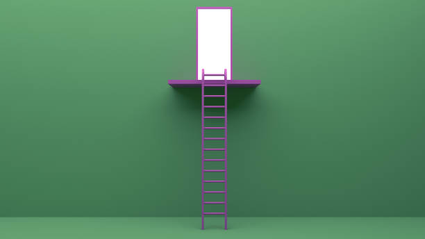 istock Longest light ladder glowing and aiming high to goal target among other short ladders on green background with shadows . 3D rendering.Stand out from the crowd and think different creative idea concept 1213646779