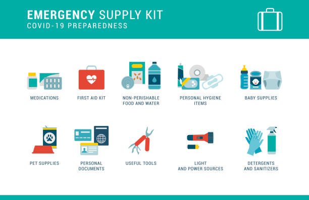 ilustrações de stock, clip art, desenhos animados e ícones de covid-19 preparedness: emergency supply kit - first aid kit