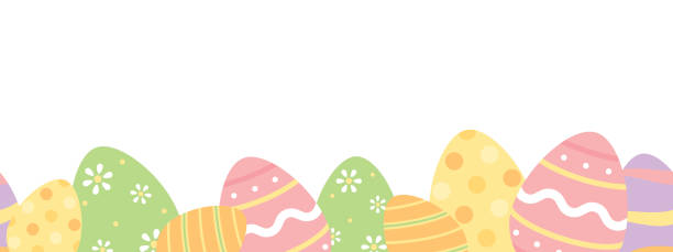 illustrazioni stock, clip art, cartoni animati e icone di tendenza di carino colore pastello uova di pasqua bordo inferiore modello senza cuciture. - rabbit easter flower frame