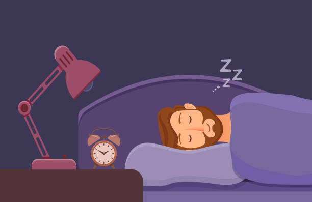Sleeping man face cartoon character happy guy have a sweet dream Sleeping man face cartoon character happy guy have a sweet dream. Person with closed eyes in darkness night lying on bed, pillow, blanket. Resting male napping, tired, sound zzz vector illustration sleeping illustrations stock illustrations