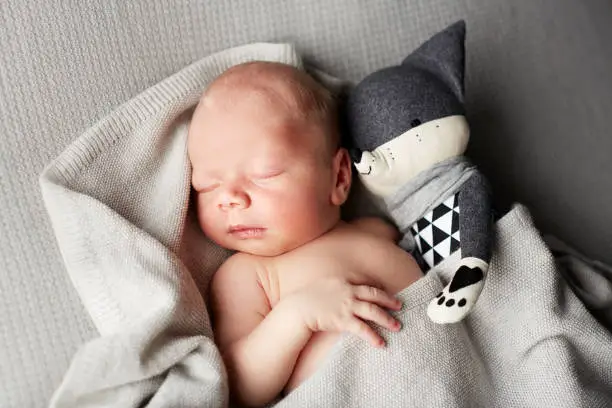 Different photos of a cute newborn on a gray and light blanket while sleeping