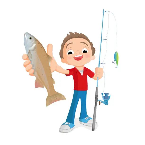 Vector illustration of A boy with a rod shows a fish on white background