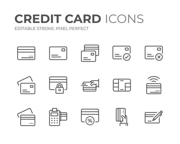 Credit Card Line Icons Set Simple Set of Credit Card Line Icons. Editable Stroke. Pixel Perfect. credit card stock illustrations