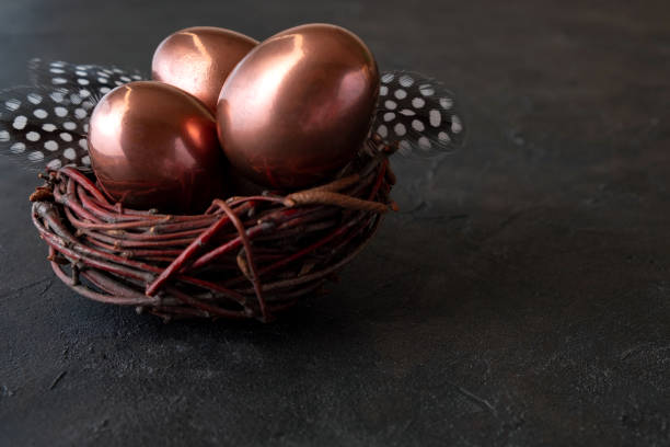 istock Easter composition with eggs in a nest  and feather on dark background. Easter greeting card 1213655588