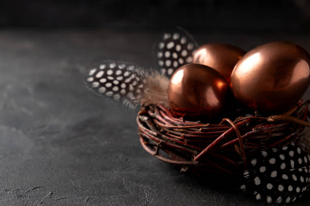 istock Easter composition with eggs in a nest  and feather on dark background. Easter greeting card 1213655672