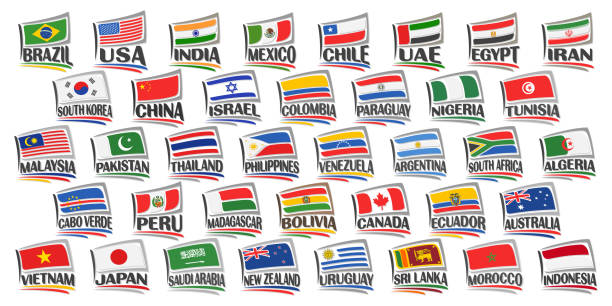 stockillustraties, clipart, cartoons en iconen met vector set van amerikaanse en aziatische landen vlaggen - morocco brazil