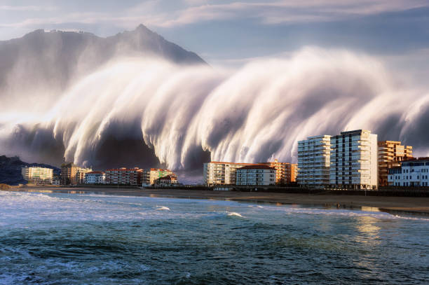 tsunami with a big wave crashing on coast houses tsunami with a big wave crashing on coast houses tsunami wave stock pictures, royalty-free photos & images