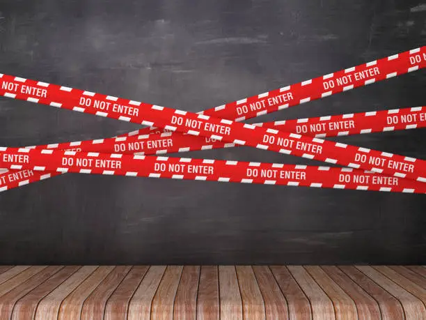 Photo of Cordon Tapes with DO NOT ENTER on Chalkboard Background - 3D Rendering