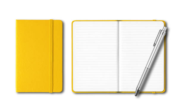 istock Yellow closed and open notebooks with a pen isolated on white 1213657297