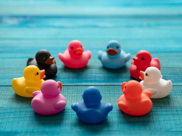 Photo of Nine different colored rubber ducks sitting in a circle, as if in a meeting, looking at each other, set on a turquoise colored wood background.