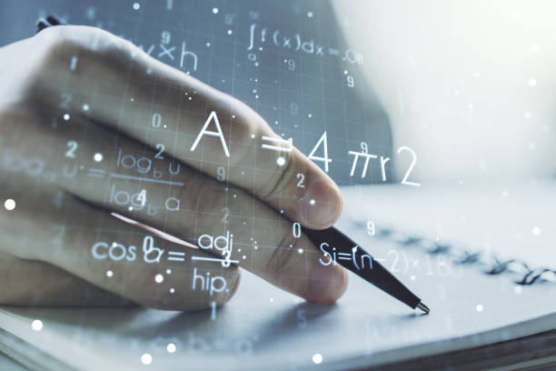 istock Creative scientific formula illustration with man hand writing in diary on background, science and research concept. Multiexposure 1213658641