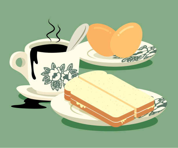 illustrations, cliparts, dessins animés et icônes de ensemble de petit déjeuner. café oriental traditionnel, demi-œufs bouillis et toast au beurre kaya ensemble. tasse de café de style vintage nanyang et assiette. traduction: coco jam- flat art vector - coffee hot drink cup teaspoon