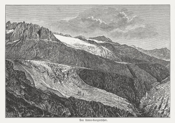 ilustrações, clipart, desenhos animados e ícones de vista histórica do baixo aare-glacier (unteraargletscher), suíça, xiloga, 1893 - glacier mountain ice european alps