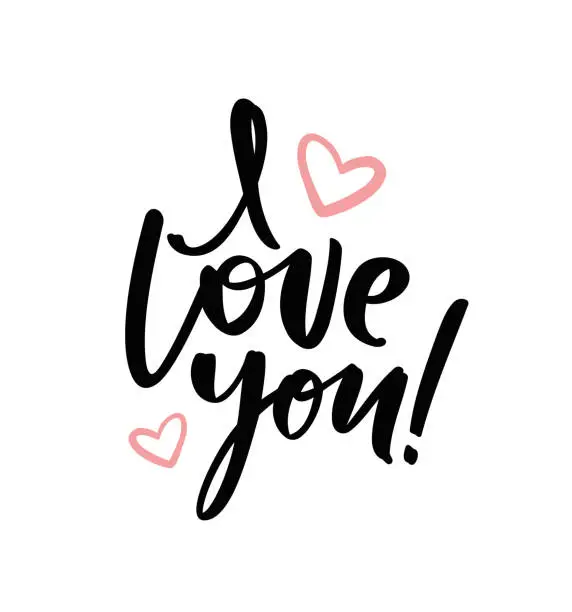 Vector illustration of Handwritten lettering of I Love You with hand drawn hearts on white background