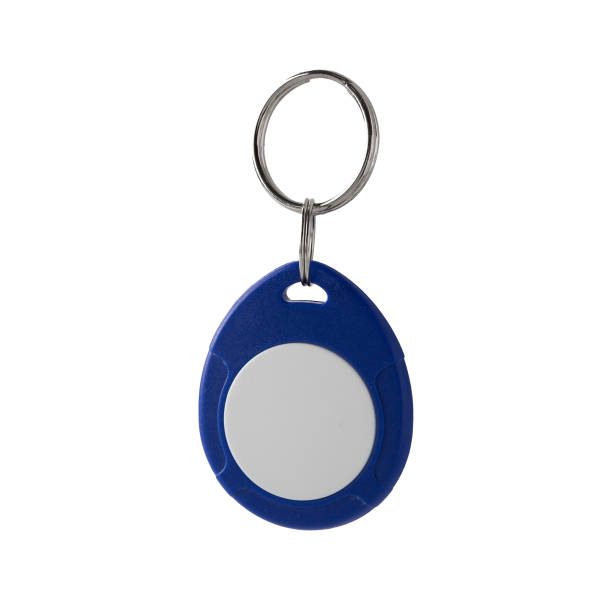 Blue RFID keychain tag isolated on white background stock photo