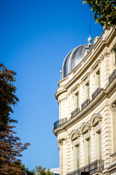 haussmann baut detail auf der champs-elysees-allee - boulevard mansion road grounds stock-fotos und bilder